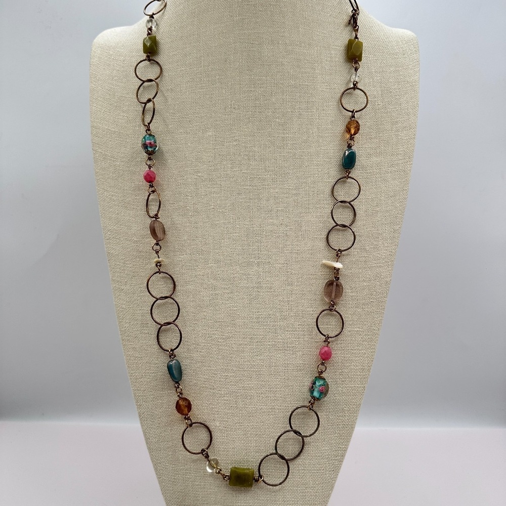 Vintage 90s Gold Tone Beaded Open Link Necklace Women's Boho Jewelry